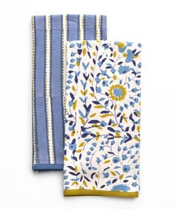 Starflower Blue & Ochre/Dotted Stripe Blue Tea Towel Mixed Set of 2