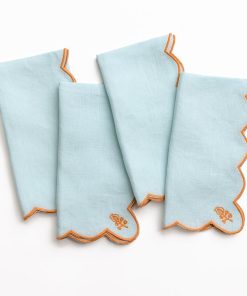 Scalloped Buti Bleached Aqua Linen Napkin | Set of 4