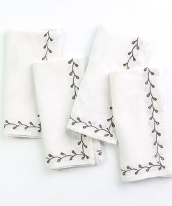 Twig & Bud Brown Embroidered Linen Napkin | Set of 4
