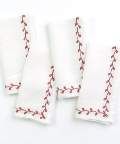 Twig & Bud Coral Embroidered Linen Napkin | Set of 4