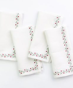 Twig & Dot Red & Green Embroidered Linen Napkin | Set of 4