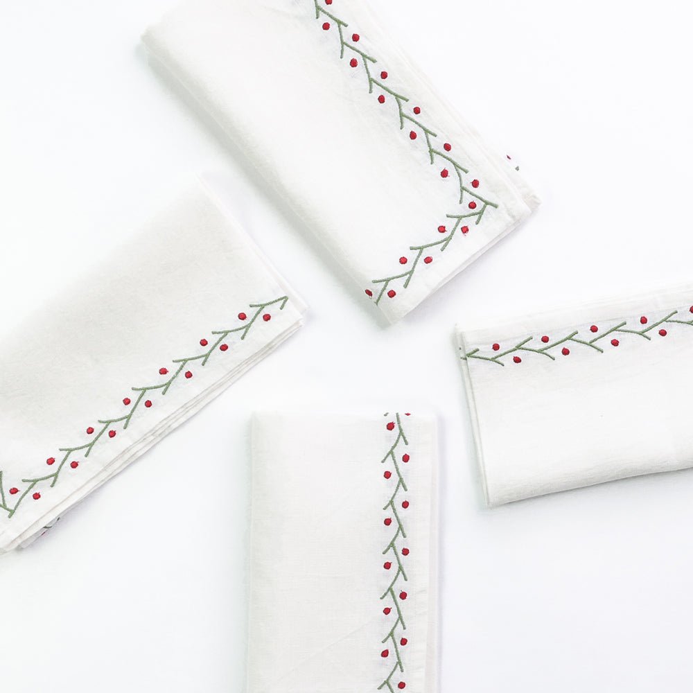 Twig & Dot Red & Green Embroidered Linen Napkin | Set of 4 - Image 2
