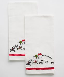 Embroidered Hunt Scene Red Ribbon Tea Towels