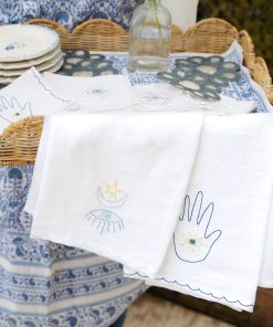 Starry Eyed Moon & Hamsa Embroidered Linen Tea Towels